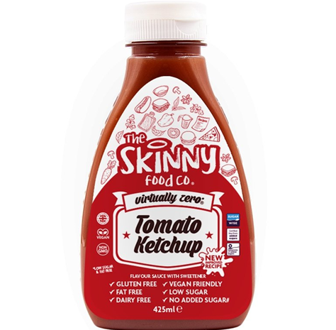 Tomato Ketchup Virtually Zero© Calorie Skinny Sauce is written on product bottle in white and black colour with red background