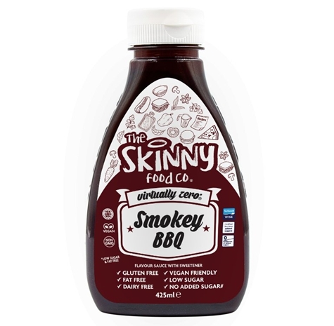 SMOKEY BBQ VIRTUALLY ZERO© CALORIE SKINNY SAUCE written on product bottle with black and white colour