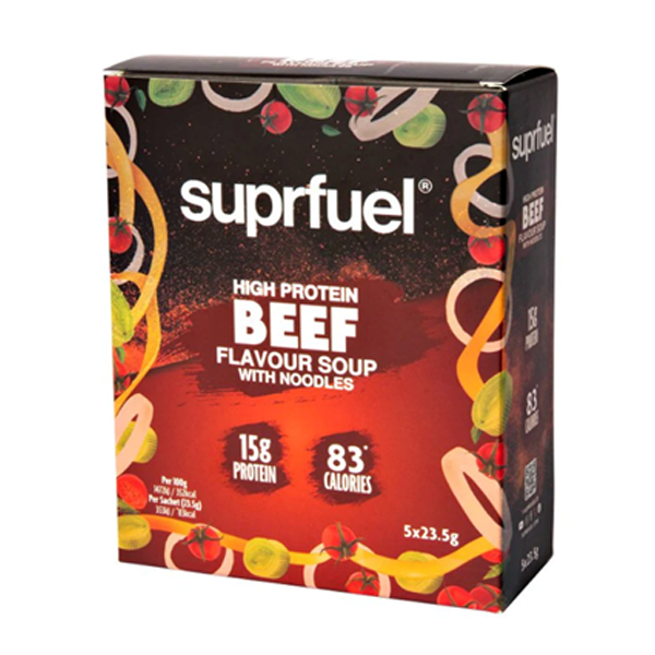 SUPRFUEL - HIGH PROTEIN BEEF FLAVOR SOUP WITH NOODLES (5 MEALS) written on the product pack in white colour