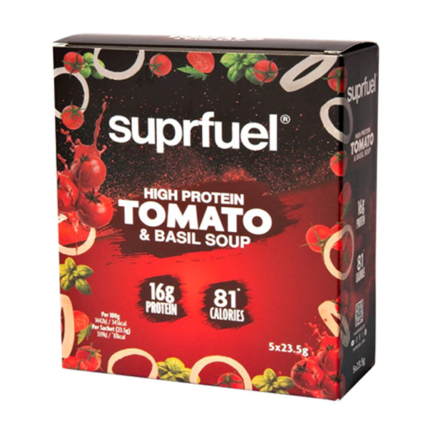 SUPRFUEL - HIGH PROTEIN TOMATO & BASIL SOUP written on the product pack in white colour and red background