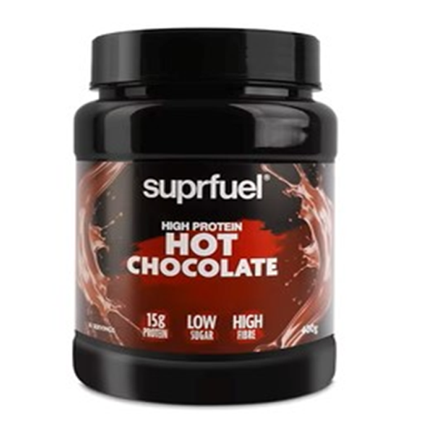 SUPRFUEL - HIGH PROTEIN HOT CHOCOLATE written on the product jar in white colour