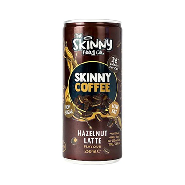 SKINNY COFFEE HAZELNUT LATTE product bottle in black colour and in which witting is in white and red colour