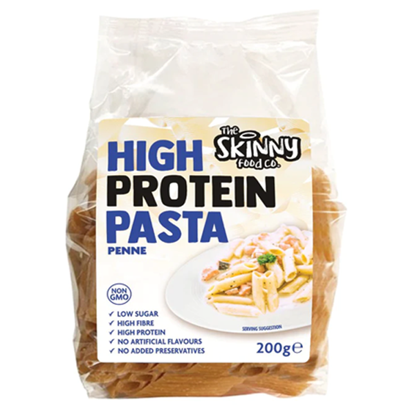 High protein skinny pasta written in blue and black colour