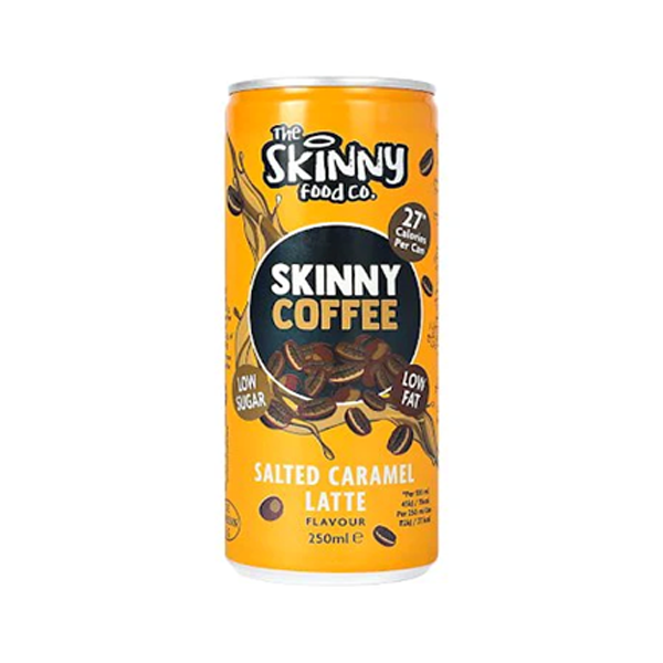 SKINNY COFFEE SALTED CARAMEL LATTE product bottle image in which the words is written in black and white colour