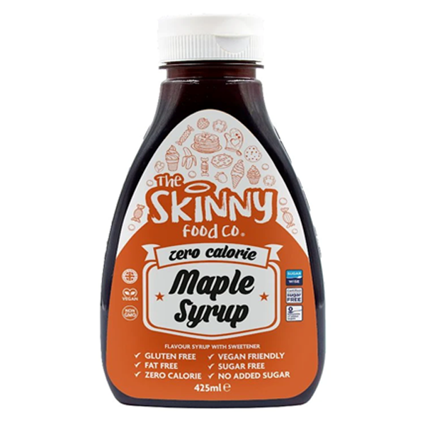 MAPLE ZERO CALORIE SUGAR FREE SKINNY SYRUP writen on a product bottle in black colour and in red background