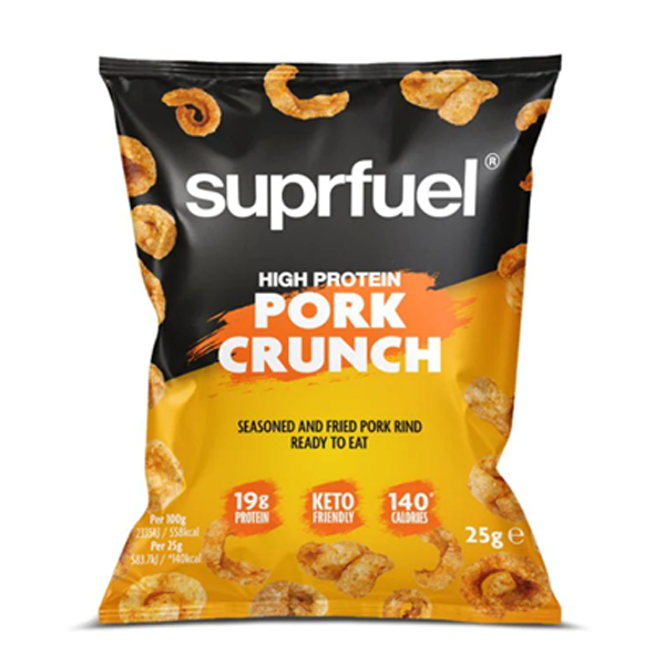 product pack image SUPRFUEL - HIGH PROTEIN PORK CRUNCH written on it in white colour